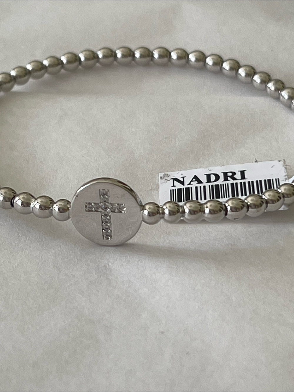 Nadri Silver Beaded Bracelet with Crystal Cross Disc